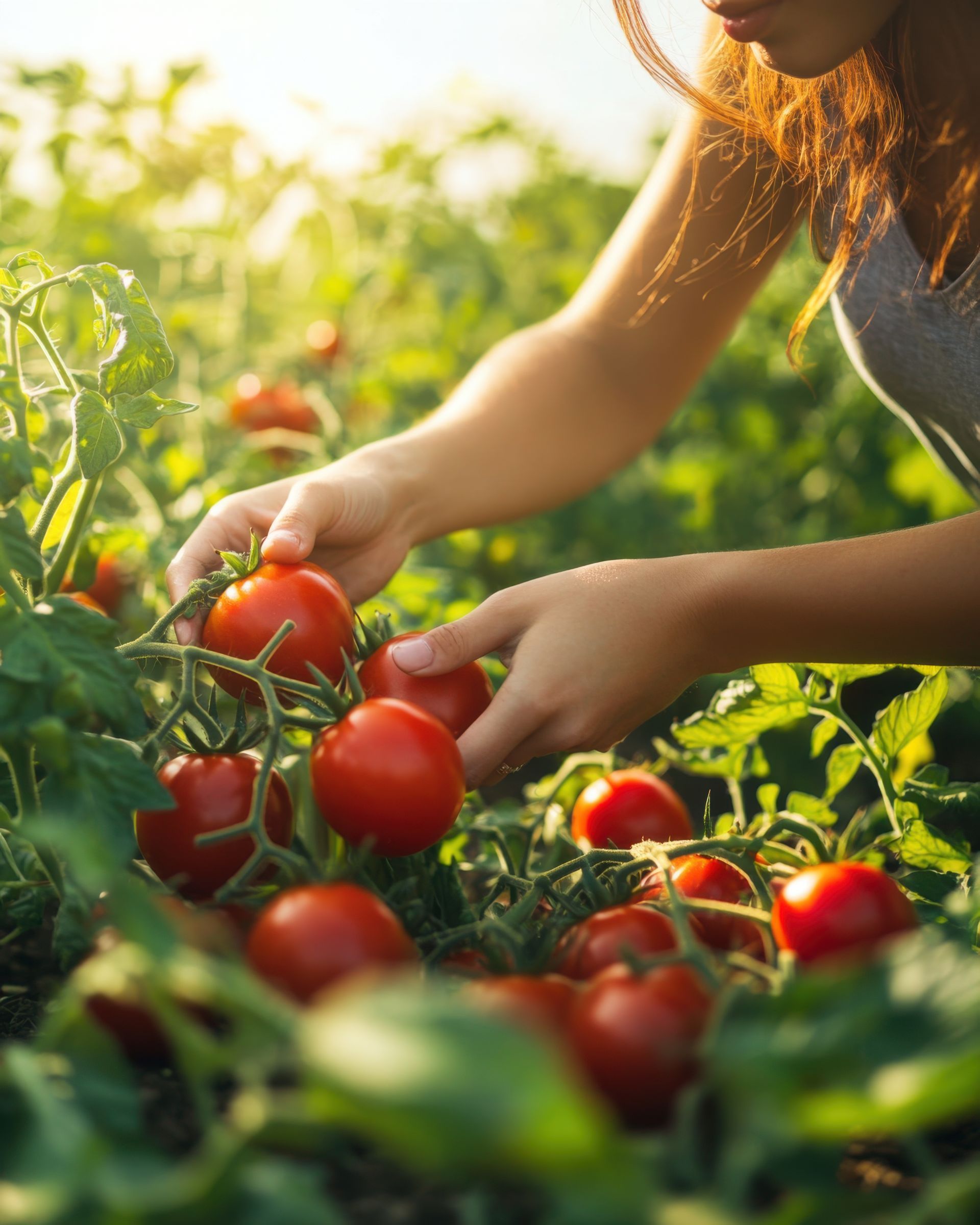 Woman harvesting ripe red tomatoes in a sunlit garden.