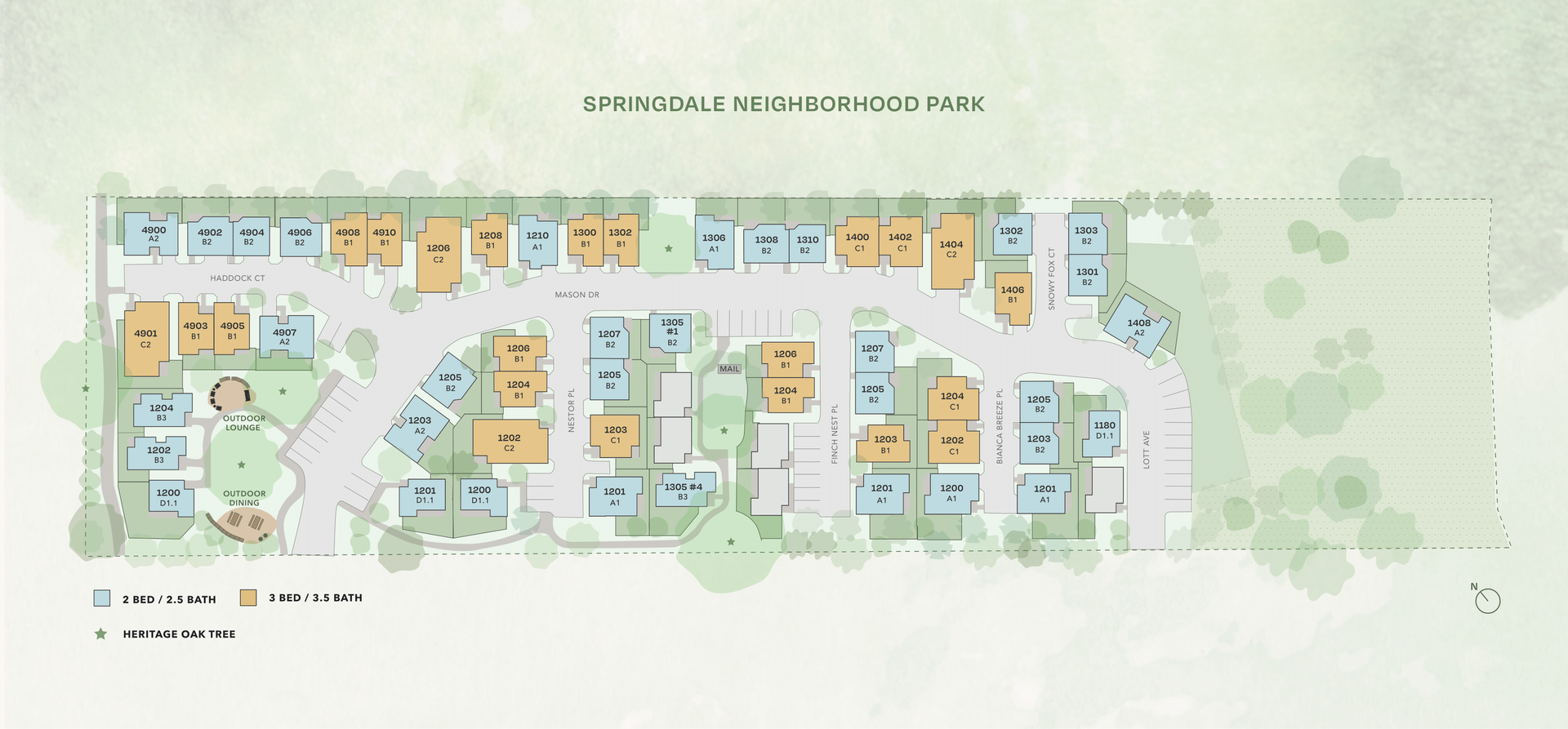A color-coded site plan of a housing development with buildings, roads, and landscaping.