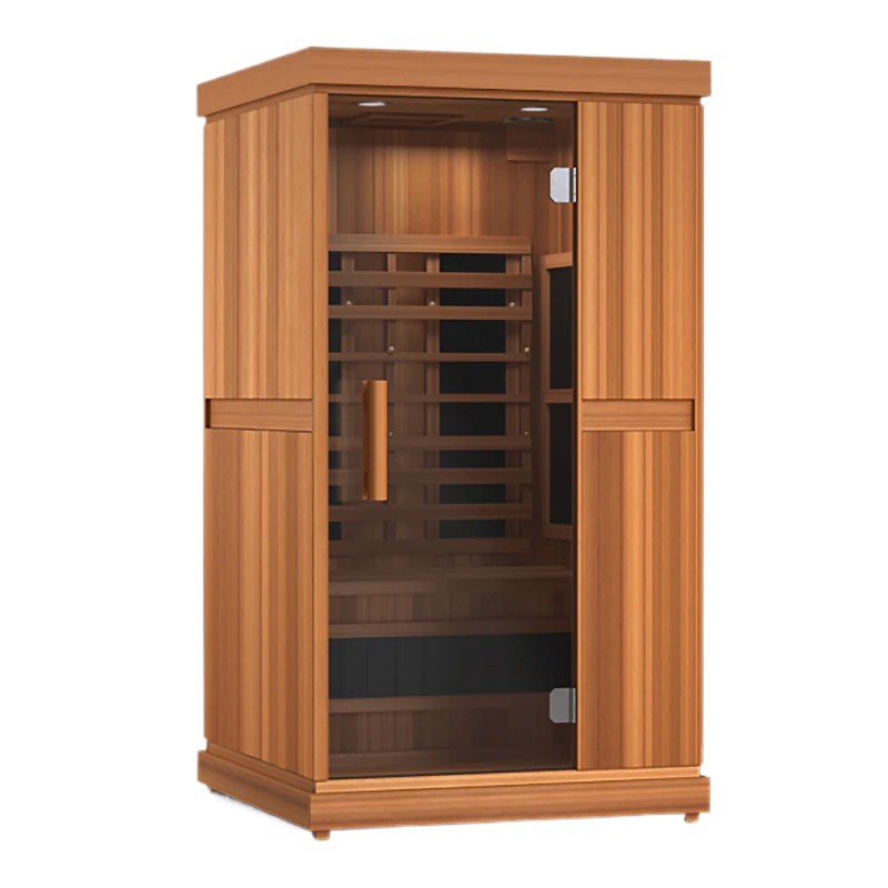 Wooden infrared sauna with glass door, inside details visible.