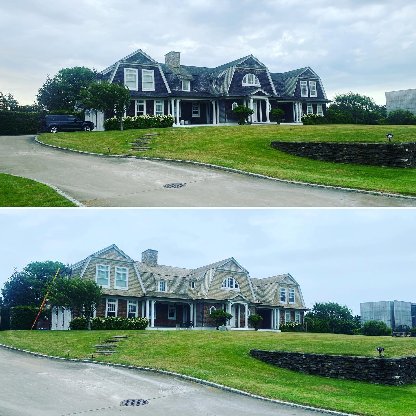 Cedar shake cleaning and restoration using soft washing at a home in Suffolk County Long Island.