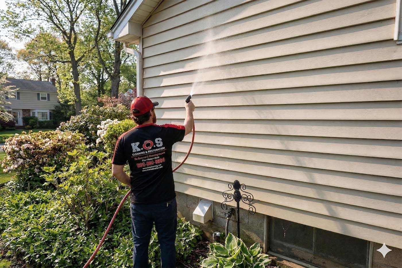 Soft washing green algae off vinyl siding at a home in Suffolk County NY