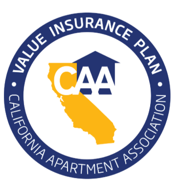 Logo for the California Apartment Association's Value Insurance Plan; blue circle, yellow California outline, white text.