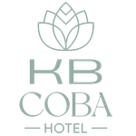 Un logo azul para un hotel con una flor en el medio.