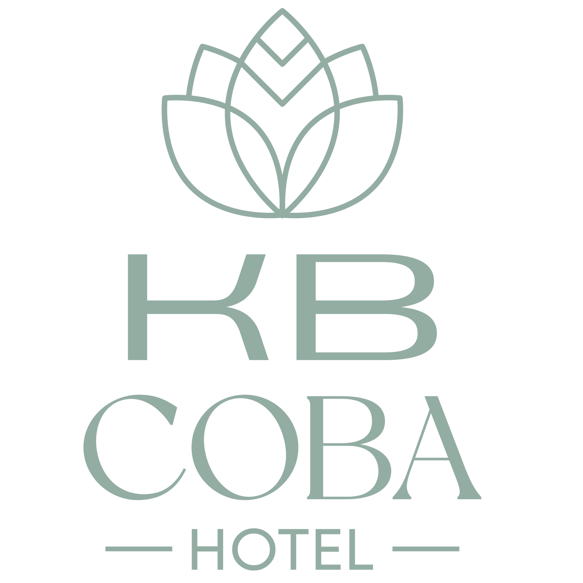 Un logo azul para un hotel con una flor en el medio.