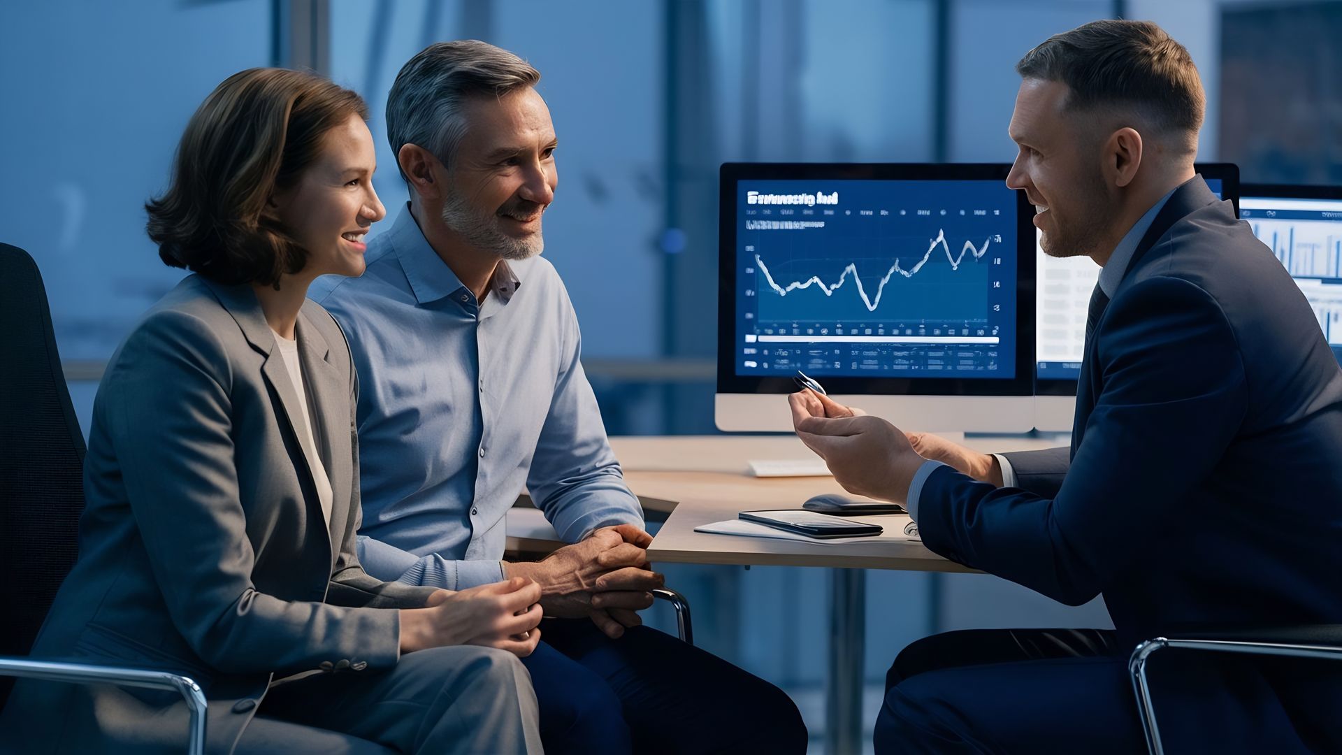 Casal reunido com consultor financeiro, analisando gráficos do mercado de ações.