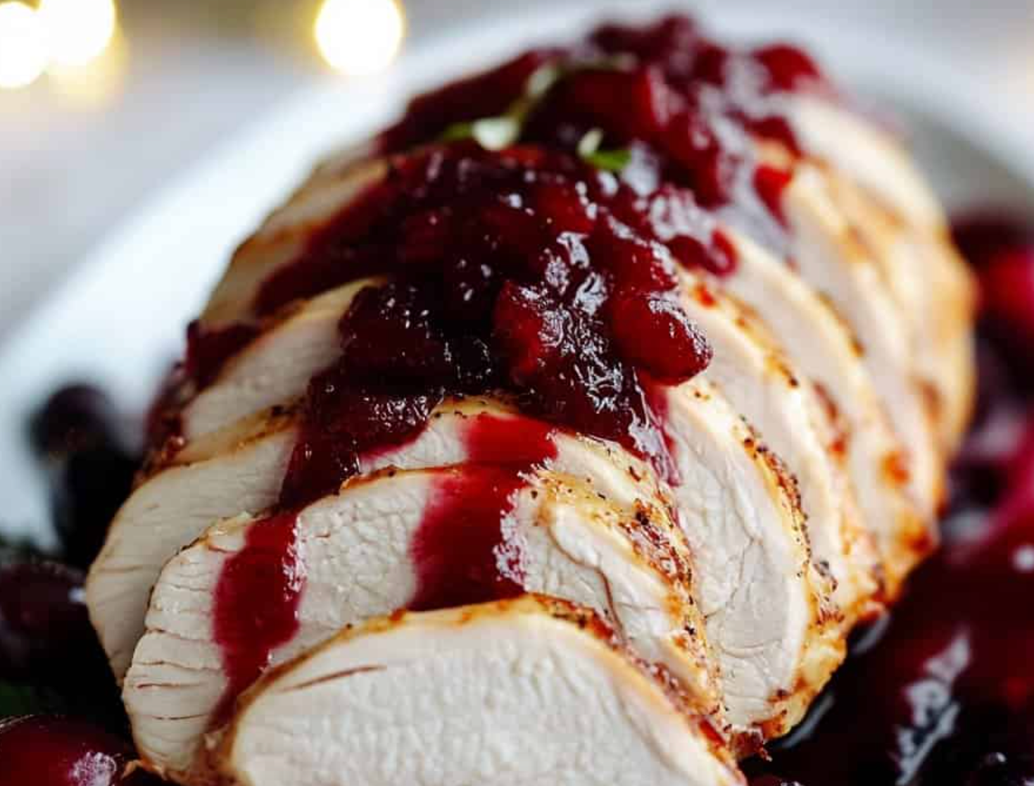 holiday food of roasted turkey with cranberry sauce