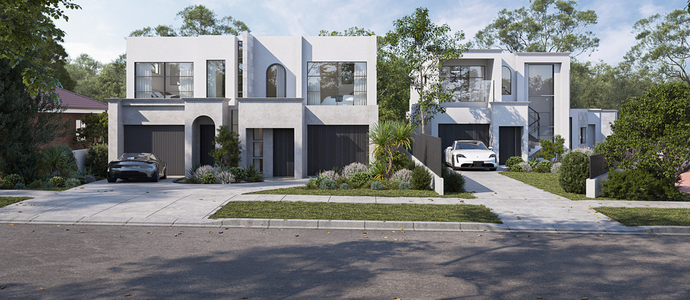 A modern two-story residential duplex with white facades, dark garages, and cars parked in front under a clear sky.