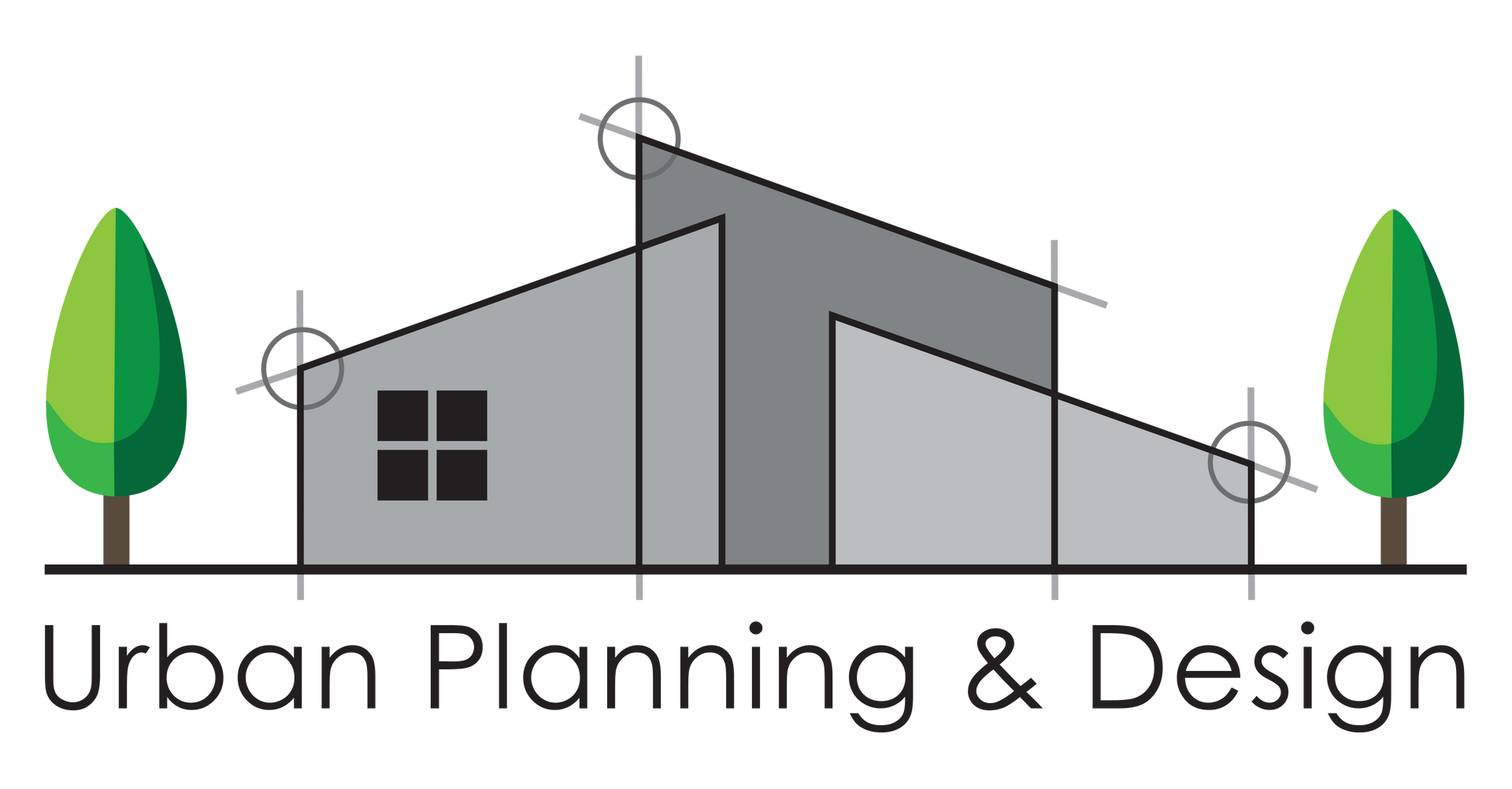 The logo for urban planning and design shows a house and two trees.
