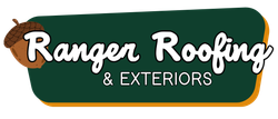 a logo for ranger roofing and exteriors with an acorn on it.