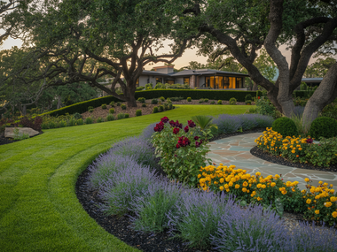 Curving garden path with colorful flower beds and large trees leading to a house at dusk