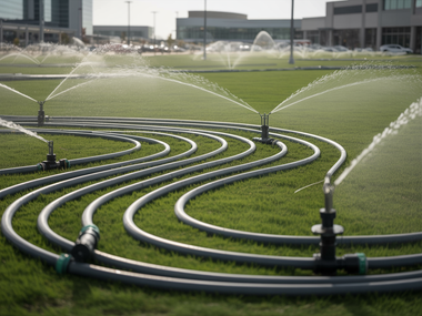 Curved black irrigation hoses spraying water over a green lawn in a landscaped field