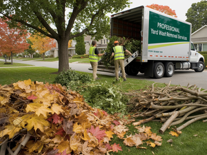 Workers load yard debris into a truck in a leafy suburban neighborhood