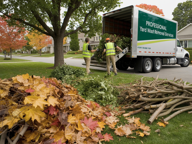 Workers load yard debris into a truck in a leafy suburban neighborhood