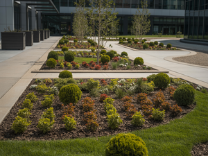 Landscaped flower beds with shrubs and a modern office building in the background