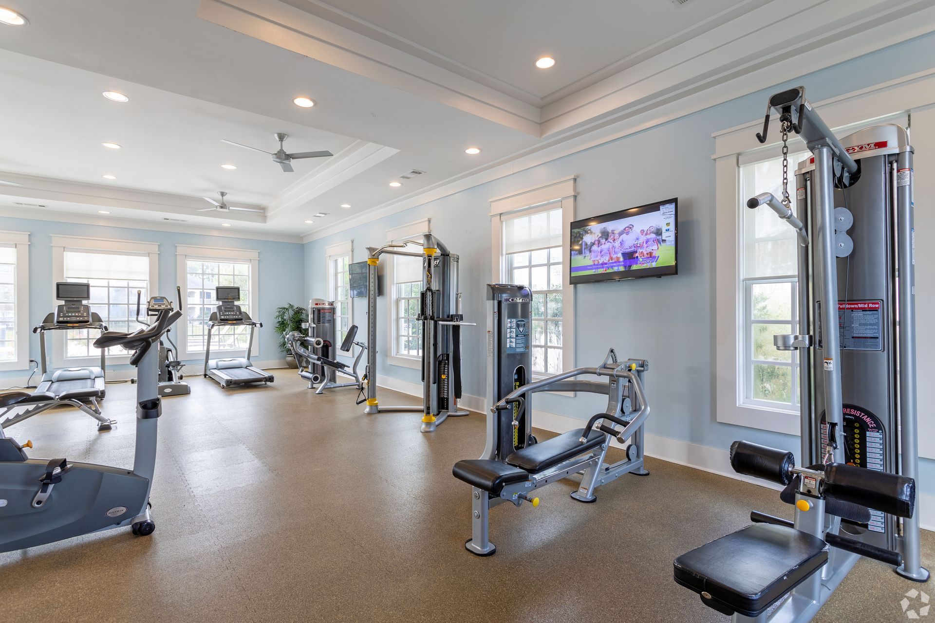 Gym with exercise equipment: treadmills, weights, and machines. Blue walls, windows, and TV at Preserve at Godley Station in Pooler, GA.