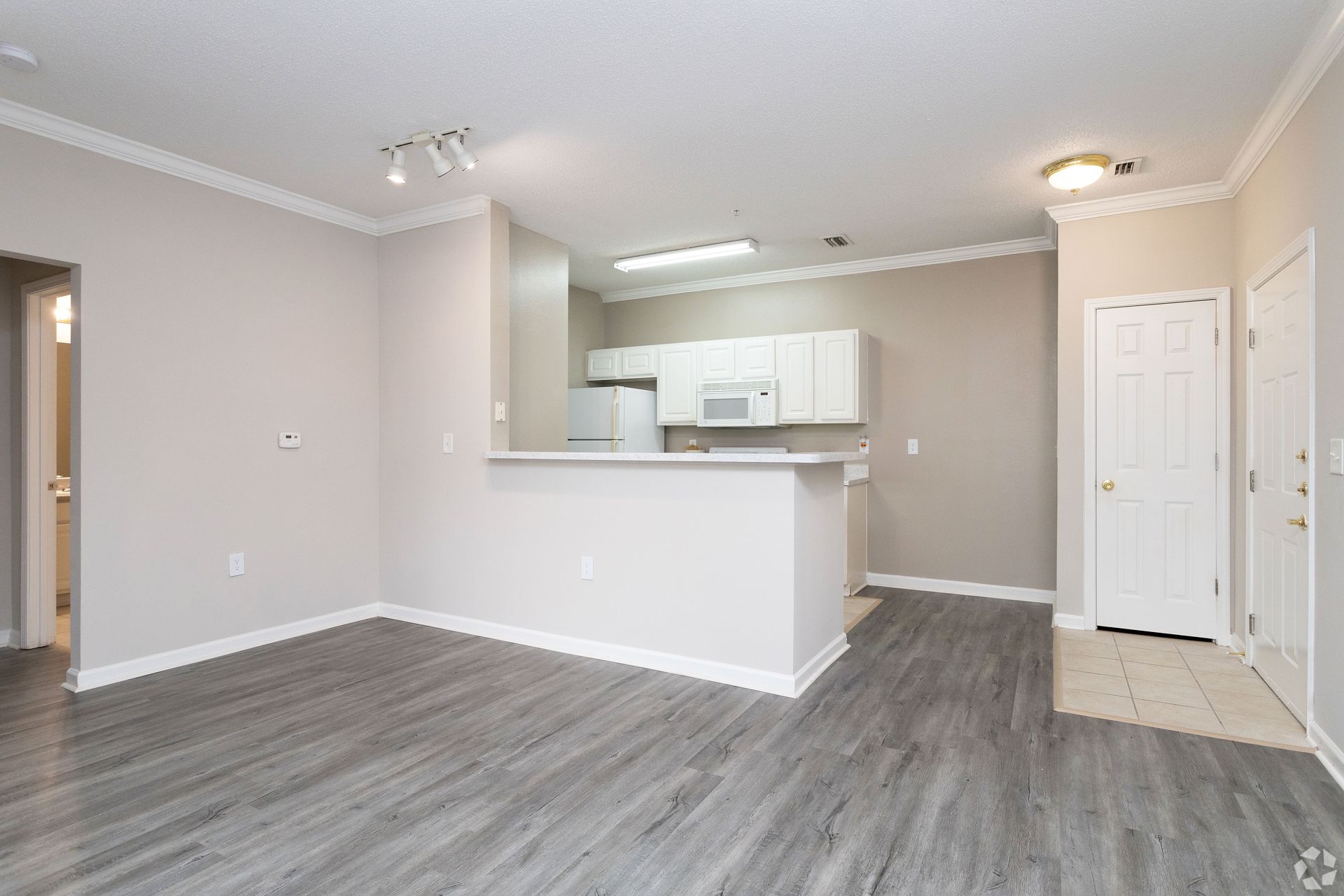 Interior of a modern apartment with gray flooring, white walls, and a small kitchen at Preserve at Godley Station in Pooler, GA.