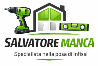 Logo per Salvatore Manca, specializzato nell'installazione di finestre. Presenta un trapano verde, il contorno di una casa e una livella.