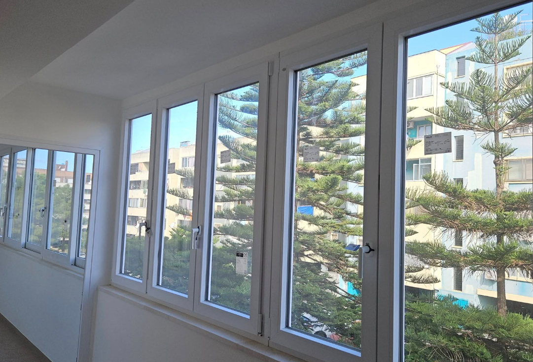 Finestre con cornice bianca e vetri trasparenti che si affacciano su un edificio e un albero.