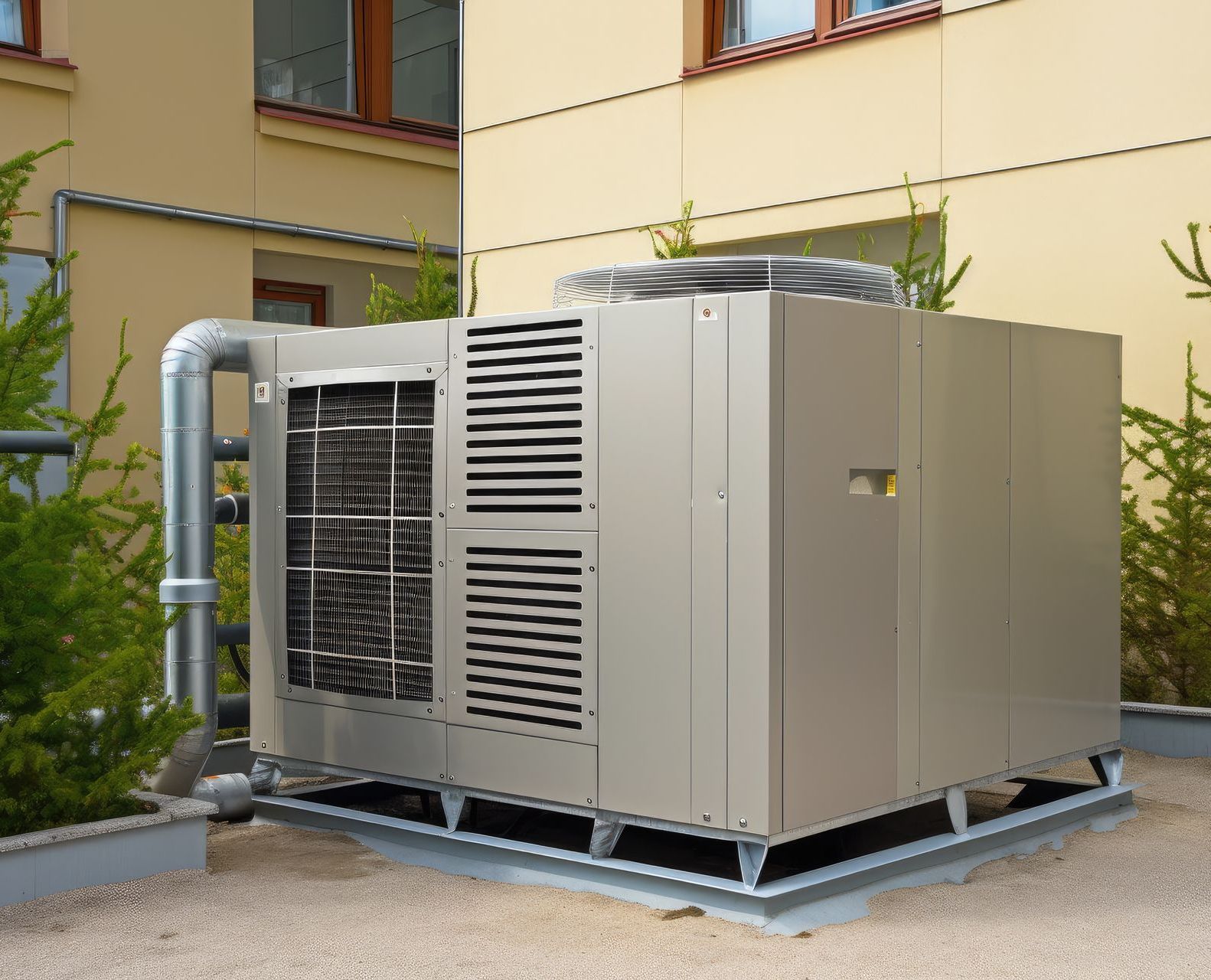 A large stainless steel air conditioner is sitting outside of a building.