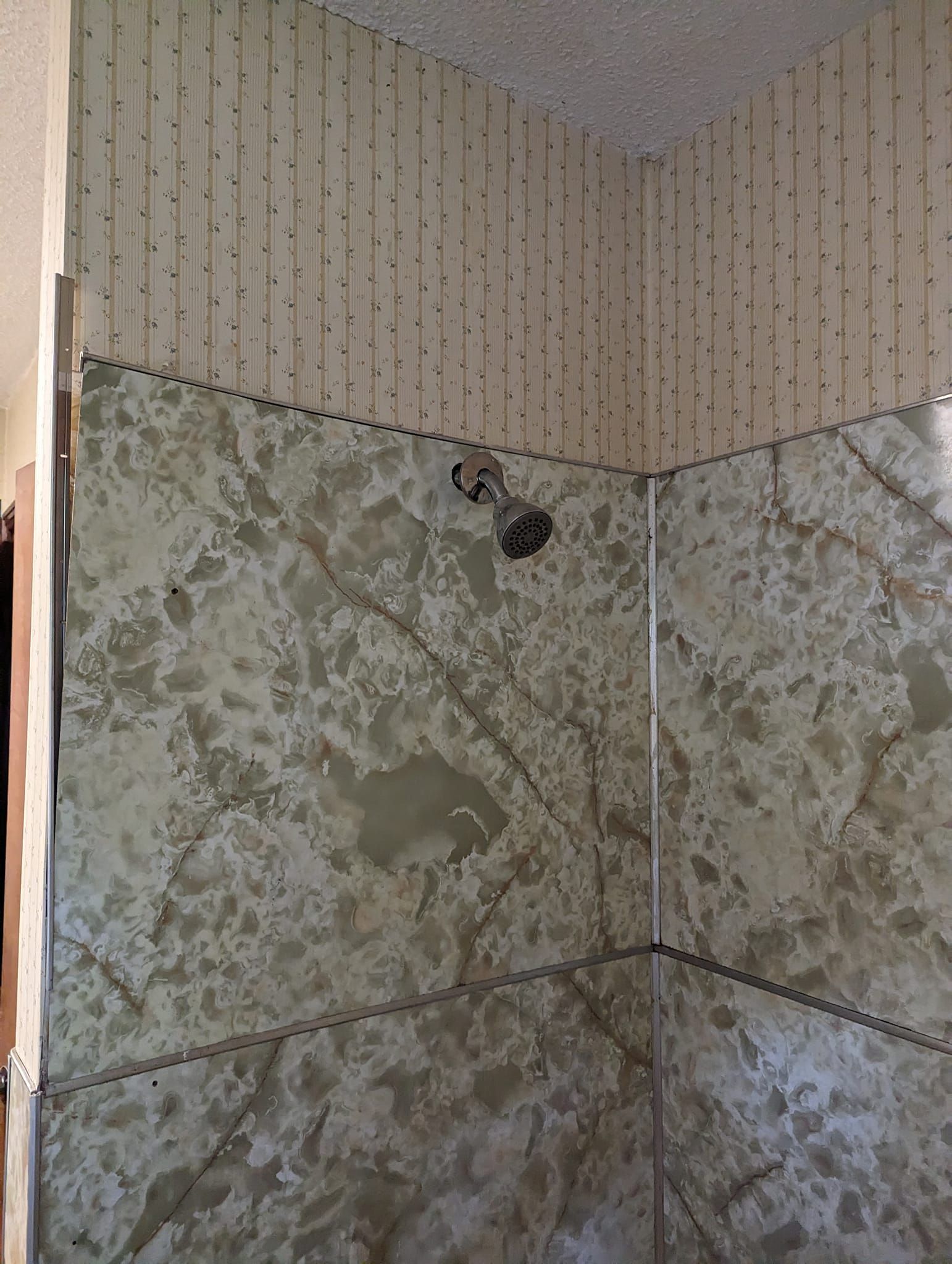 Shower stall corner with marble-patterned walls, shower head, and beige textured paneling on the upper walls.