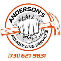 Anderson's Remodeling Services logo: fist gripping a hammer over a globe, orange and black colors, phone number below.