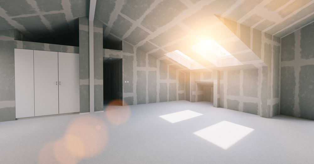 Unfinished room with drywall walls and slanted ceiling; closet on the left, skylights, bright sun.