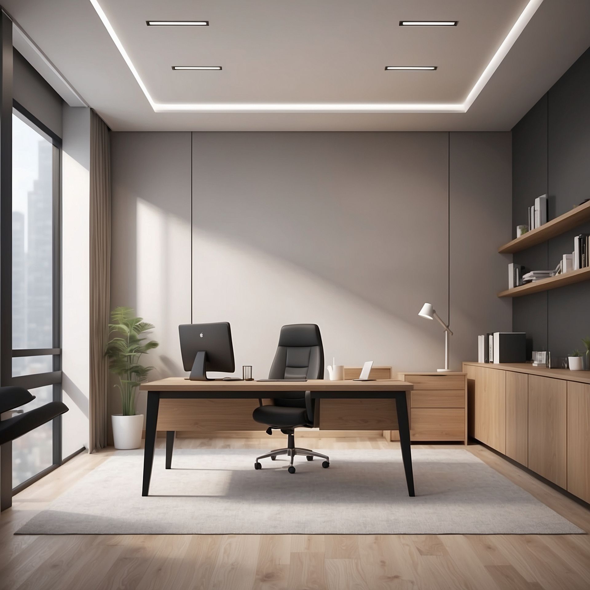 Modern office with desk, chair, and built-in shelving. Large window, neutral colors, and warm lighting.