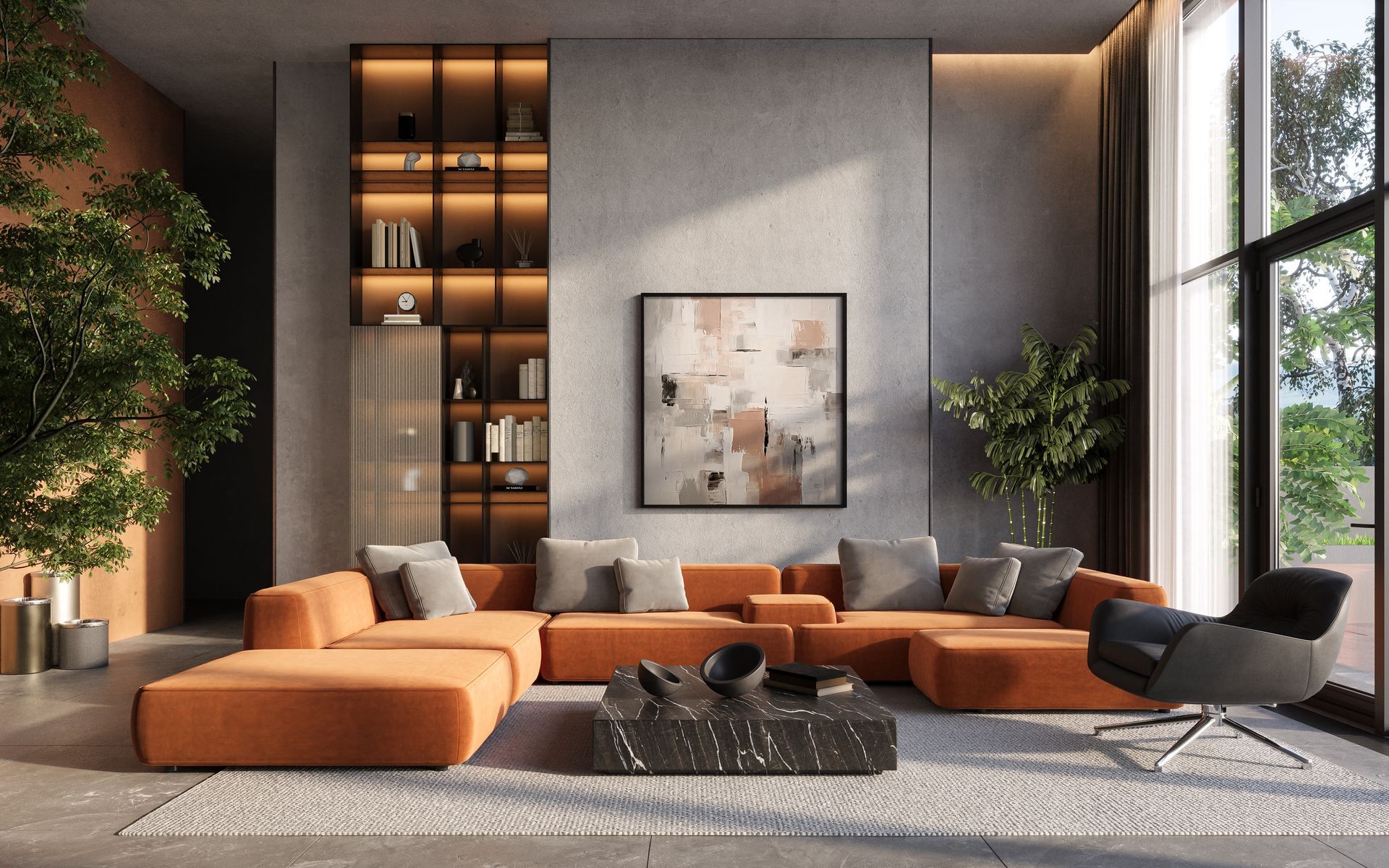Modern living room with orange sectional sofa, built-in shelves, large window, and abstract art.