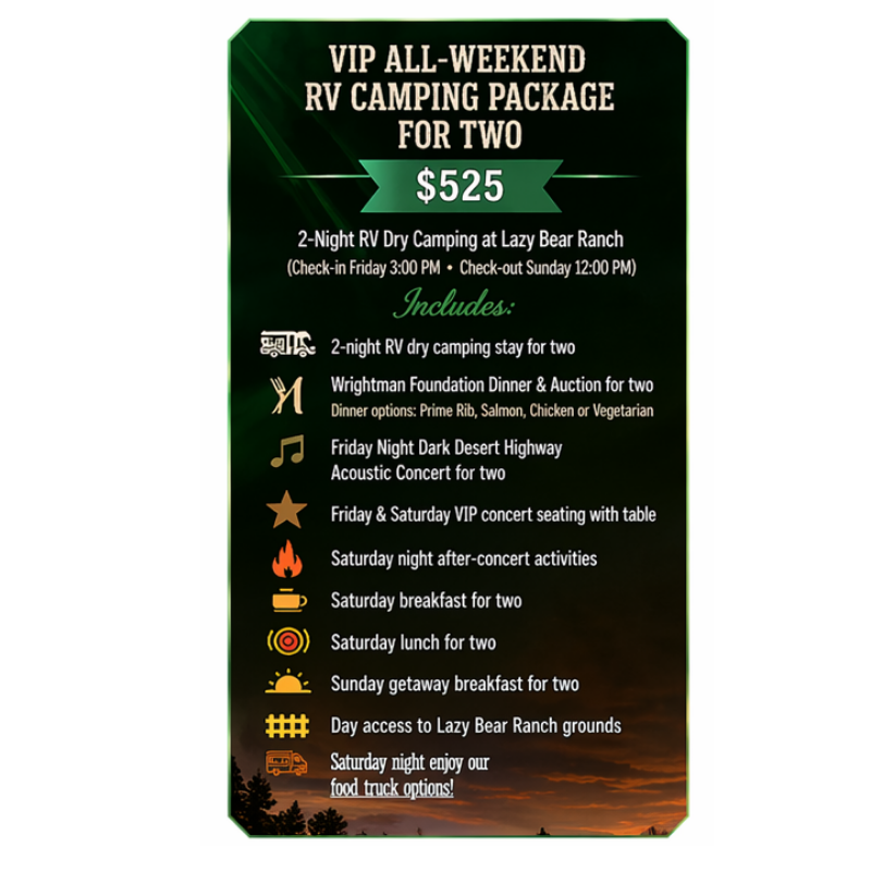 Dark green promotional flyer for a VIP all-weekend RV camping package for two, $525, with listed amenities.