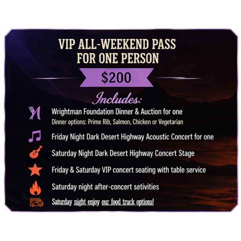Purple VIP all-weekend pass promo listing concert, dinner, and after-concert perks for one person, $200