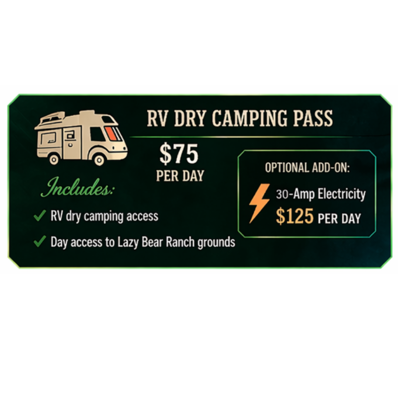 RV dry camping pass sign, $75 per day, with optional 30-amp electricity add-on for $125 per day.