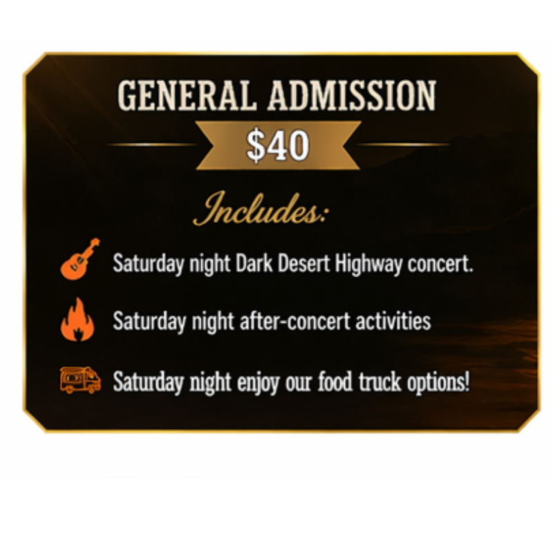 Black concert admission sign with $40 ticket price and Saturday night activities listed.