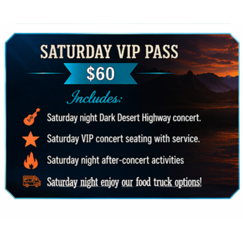 Saturday VIP Pass flyer for $60, with concert seating, after-concert activities, and food truck options.