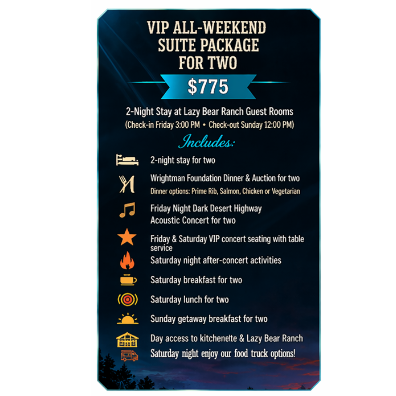 Dark blue flyer advertising a VIP all-weekend suite package for two, $775, with included events and meals.