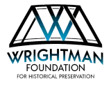 Wrightman Foundation for Historical Preservation logo with black and blue stylized roof icon and text.
