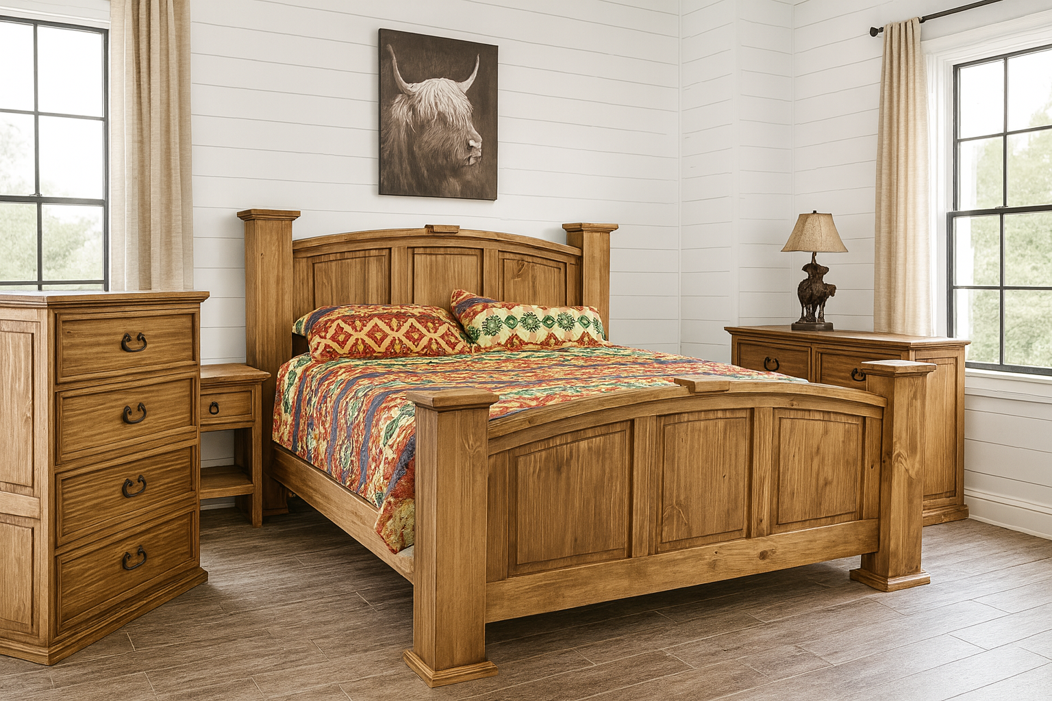Wooden bedroom set with bed, nightstands, and dresser. Includes bedding and artwork.