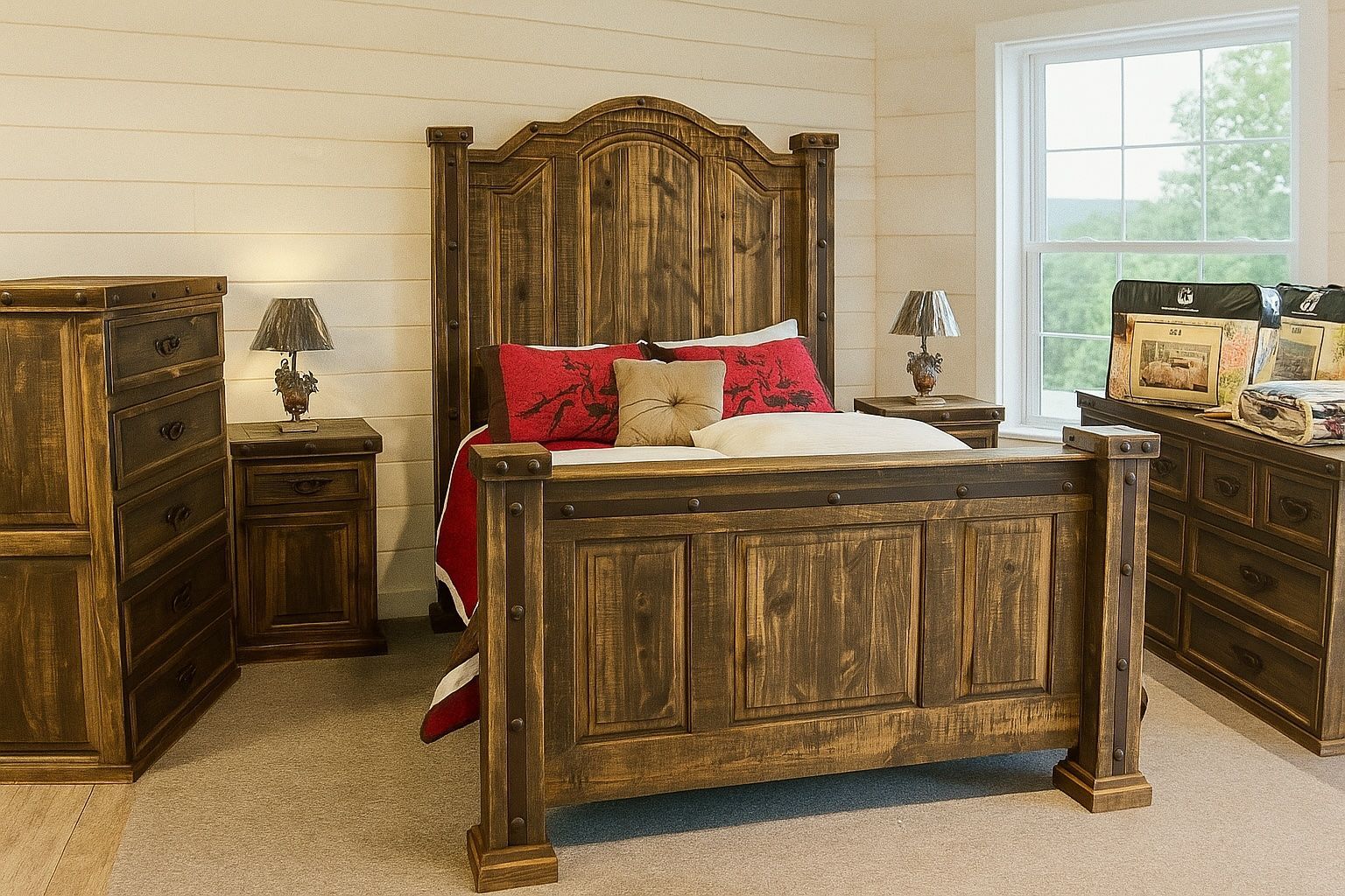Rustic bedroom set with large wooden bed, nightstands, and dresser.