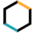 A black , blue , and orange hexagon on a white background.