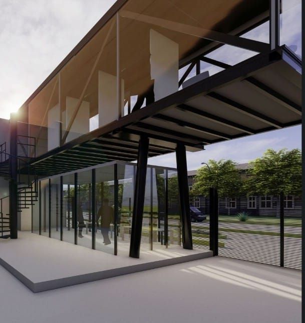 Edificio moderno con paredes de cristal, soportes negros y escalera de caracol. En un entorno soleado al aire libre.