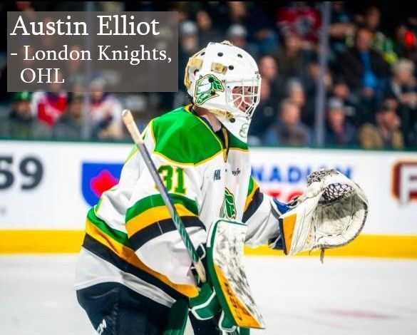 A hockey goalie for the London Knights in a green, yellow, and white uniform stands ready on the ice.