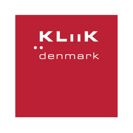 A square red logo featuring the white text "KLiiK" above two white dots and the word "denmark".