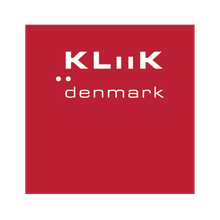 A square red logo featuring the white text "KLiiK" above two white dots and the word "denmark".