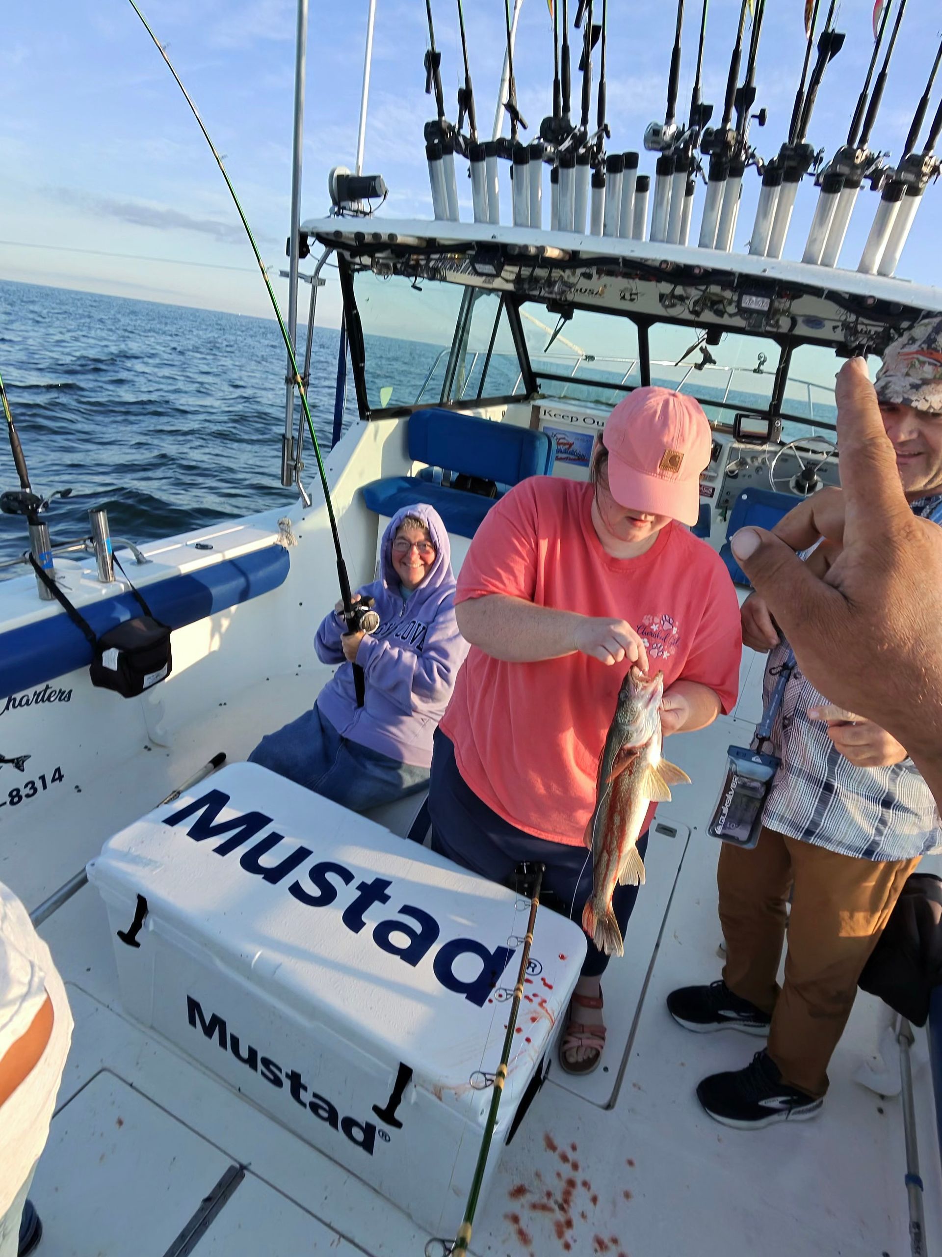 A family a Lake Erie charter  with Sir Walleye Charters. A women is unhooking a walleye. 