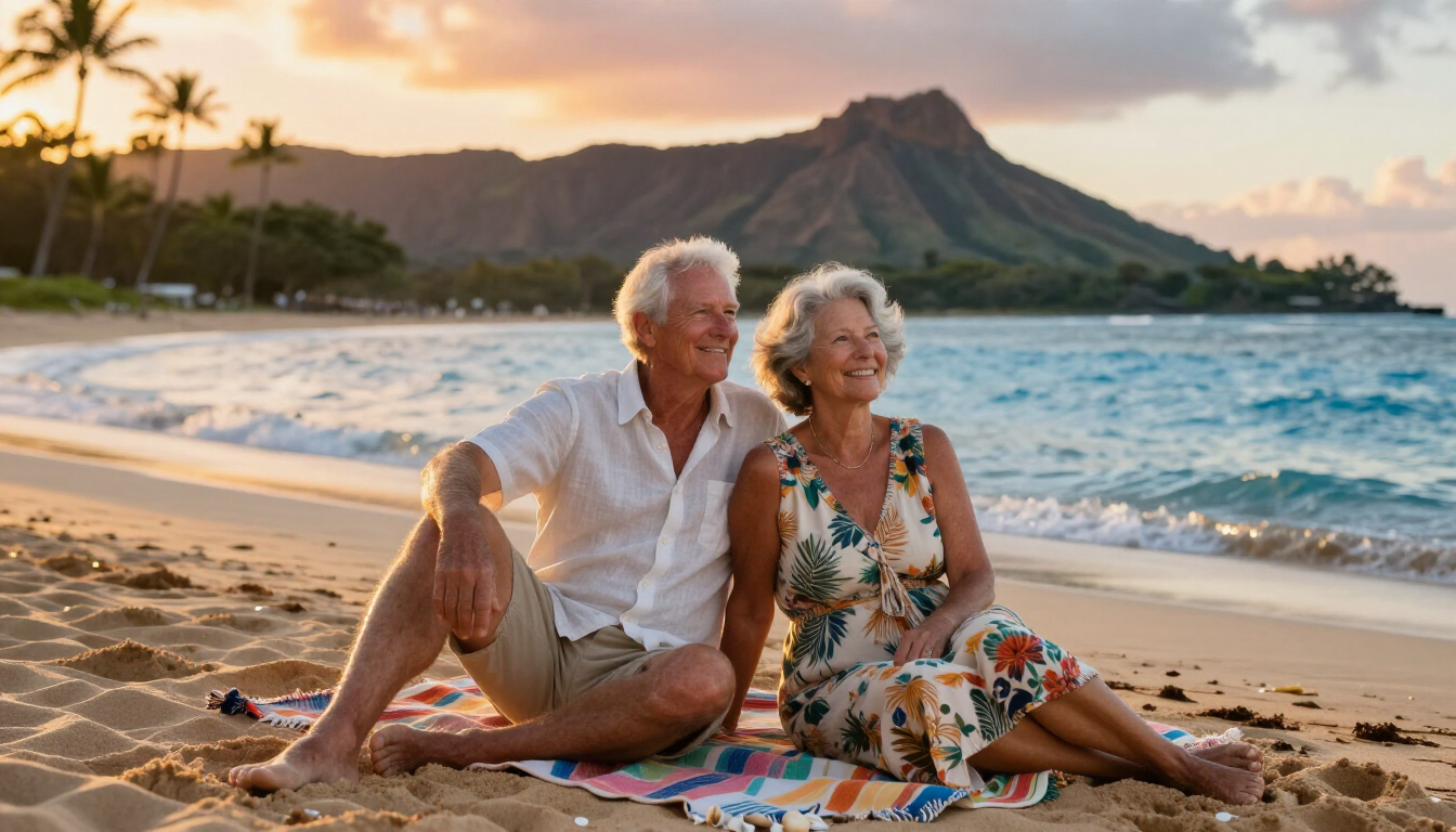 Senior couple enjoying Hawaii scenery while planning their Medicare enrollment.