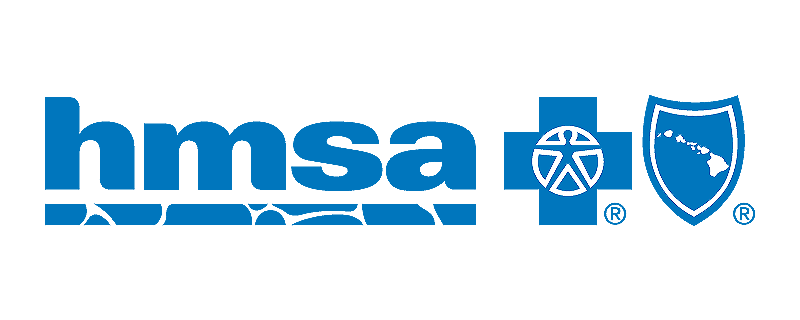 HMSA logo with blue text and a plus sign icon, and a shield with Hawaii islands.