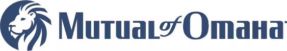 The Mutual of Omaha logo, featuring a blue lion's head inside a blue circle, with 