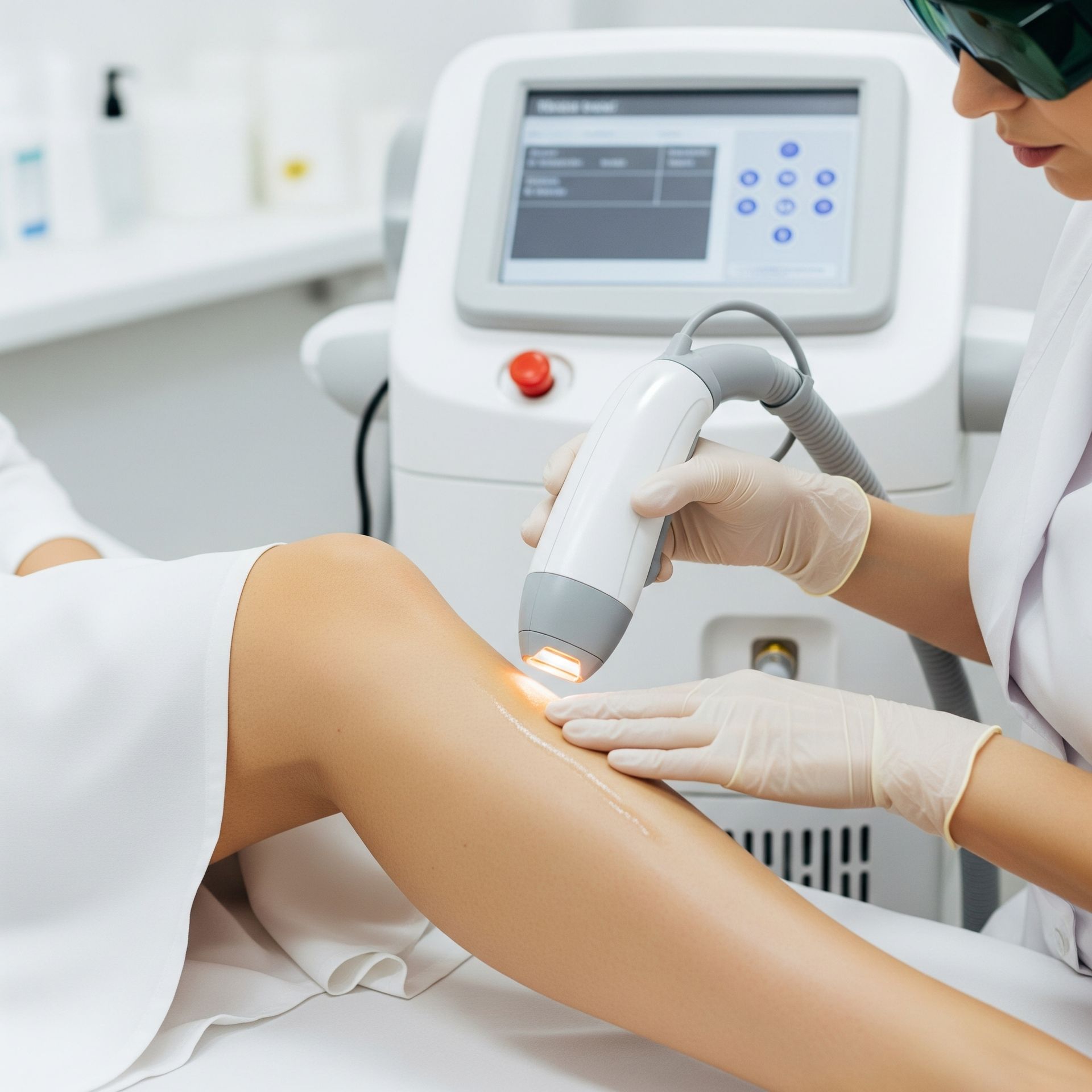 A woman is getting a laser hair removal treatment on her leg.