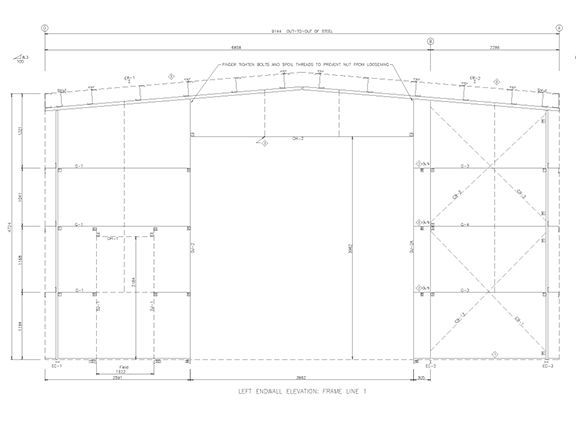 Technical blueprint showing the left sidewall elevation of a steel building frame.