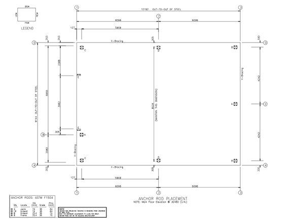 Technical drawing of an anchor rod placement plan showing a rectangular grid layout.