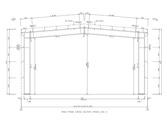 Structural engineering cross-section drawing of a steel portal frame building.